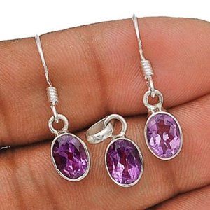 New Womens Amethyst Necklace & Earrings Silver